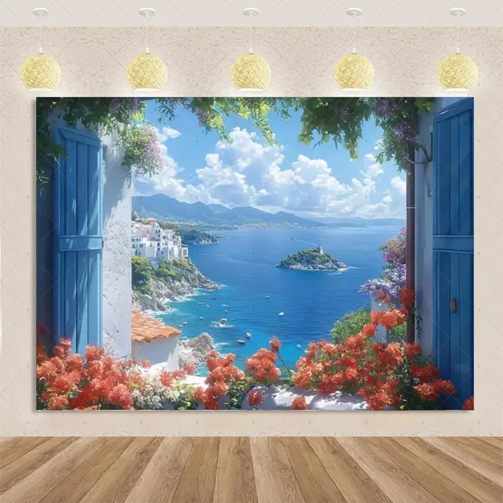Nordische Griechische Landschaft Hausparty Dekorationen Inselstadt Santorin Blaue Kuppel Kirche Ägäis von Santorin Fotografie Hintergrund