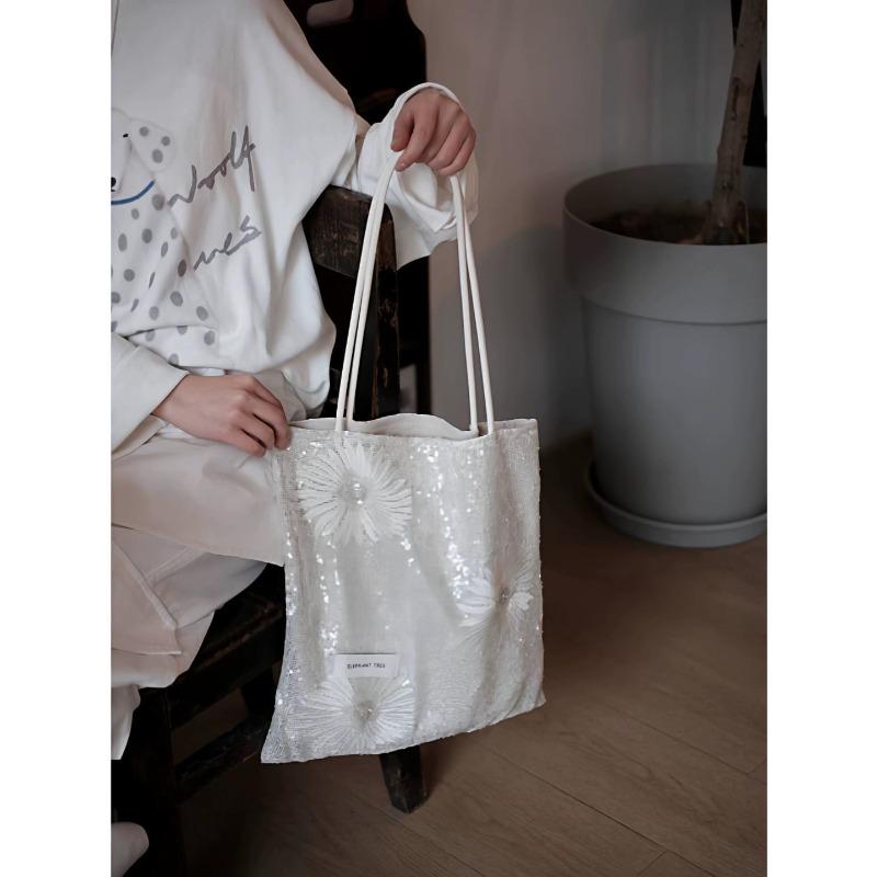 White Little Daisy Sequins Versatile Girls Shoulder Bag Commuter Canvas Bag Large Capacity Spring and Summer New Thin