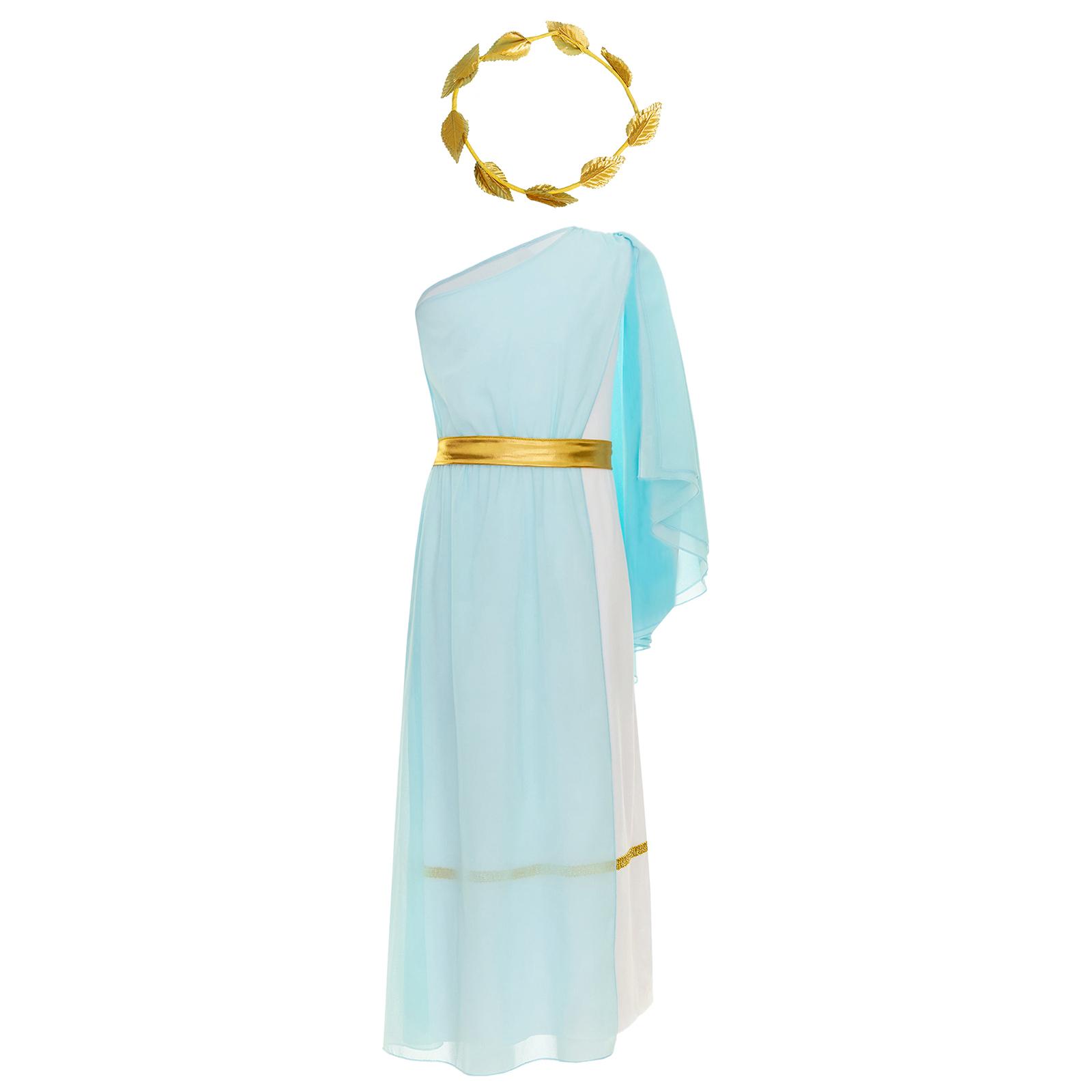 

Girls Ancient Greek Princess Costume Single Shoulder Toga Dress Patchwork Flowy Design Waistband Wreath Headband Set 11-12 Years світло-синій колір