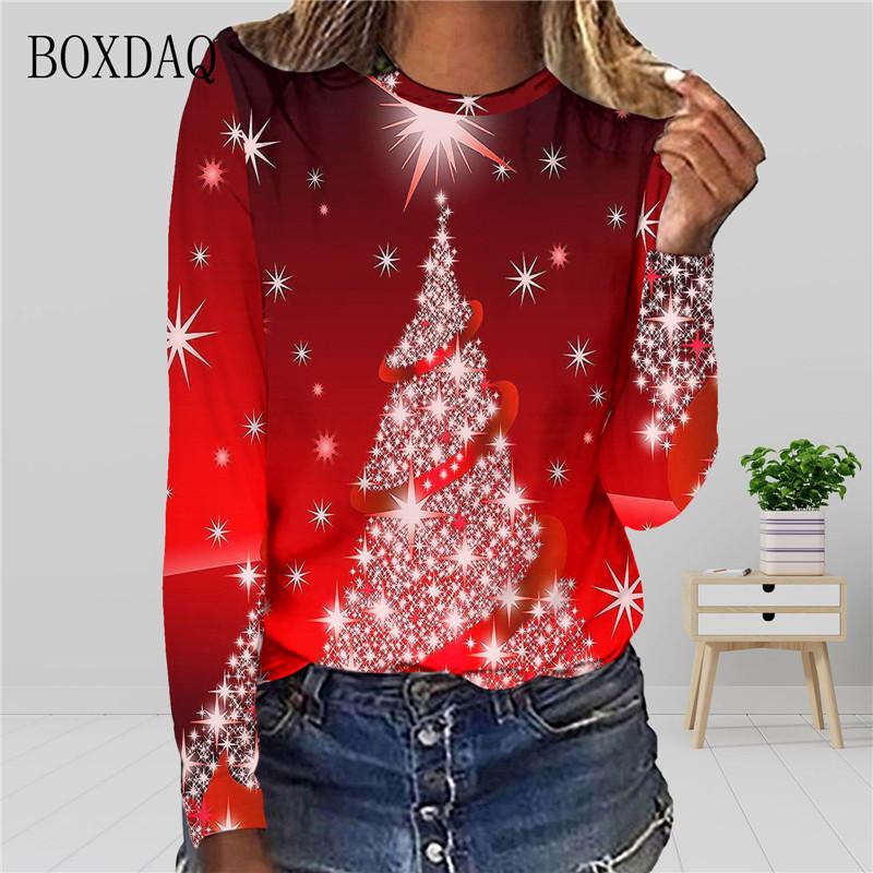 Christmas Tree Pattern Women 3d T-shirts Long Sleeve Christmas Style Street Fashion Ladies Tees Casual Cotton Tops Merry Year
