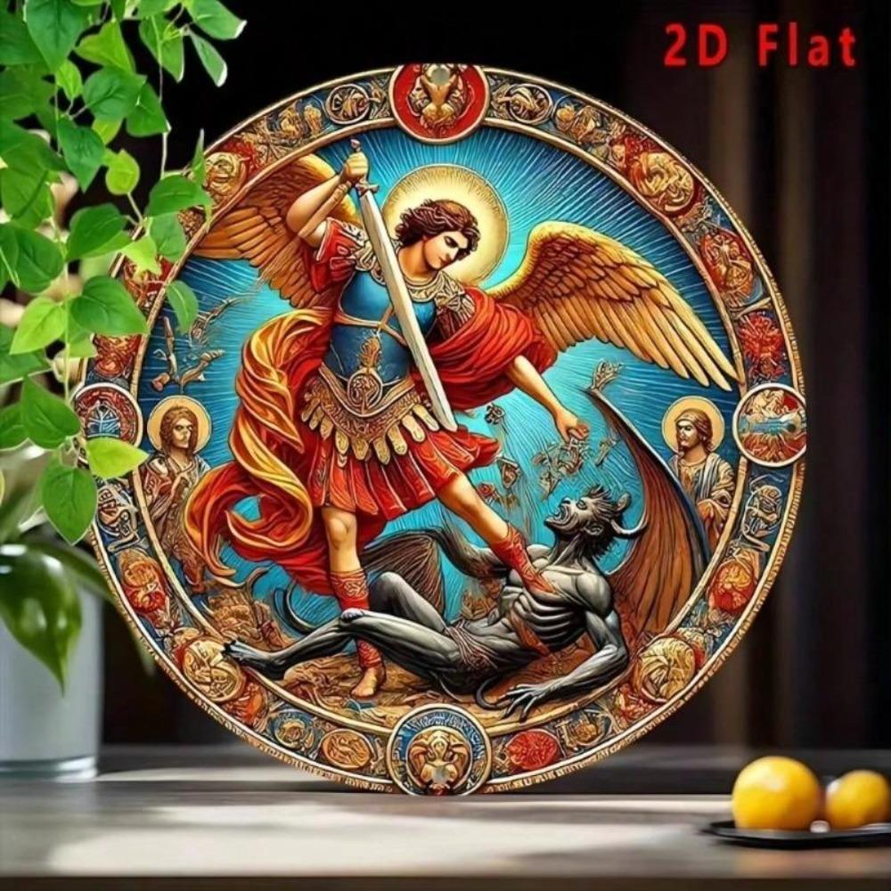 Vintage Round Archangel Michael Defeats Demon Metal Wall Art Aluminum Tin Sign 8x8 Inch