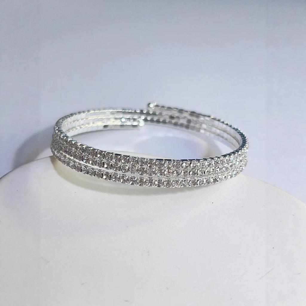 European & American Luxury Full Diamond Open Bangle - Three-Layer Rhinestone Spring Bracelet for Women, 2MM, Fashionable & Versatile High-End Jewelry.