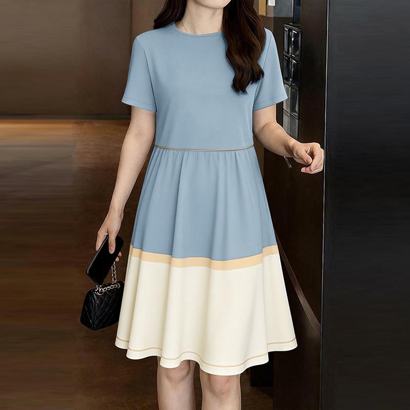 ZANZEA Women Casual Round Neck Loose Short Sleeve Patchwork Dress S