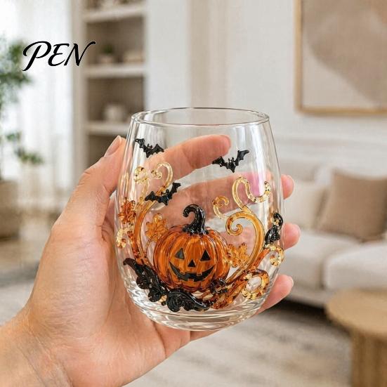 Clear Glassware for Kitchen Halloween Artisan Glassware, Stemless Drinking Glasses with Raised Pumpkin Ghost Black Cat Web School Water Drinkware
