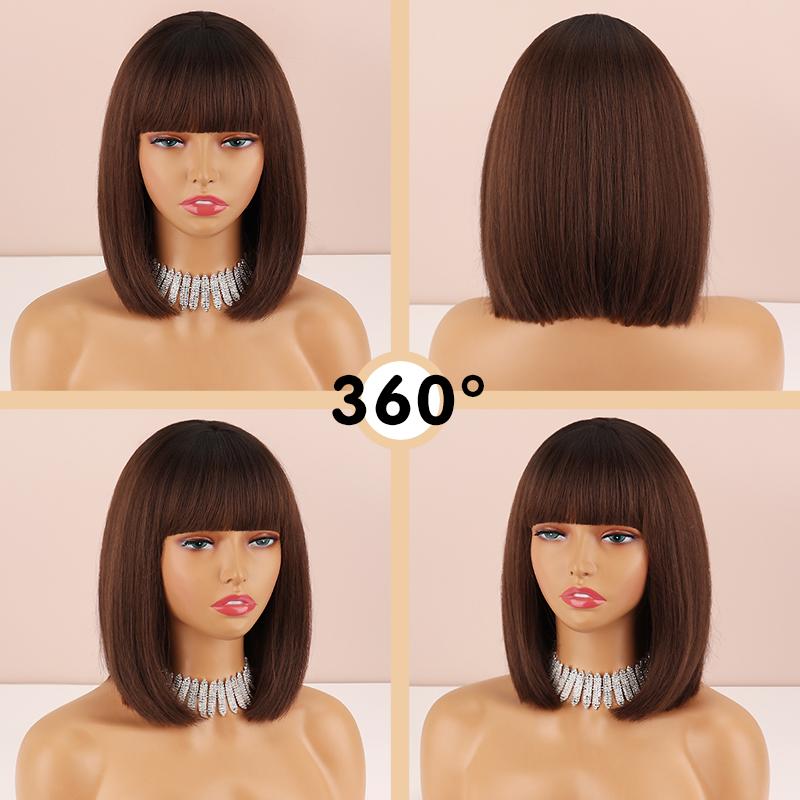 LISI HAIR Peruca curta e reta com franja na altura dos ombros, peruca sintética natural de uso diário, cor marrom escuro, bob