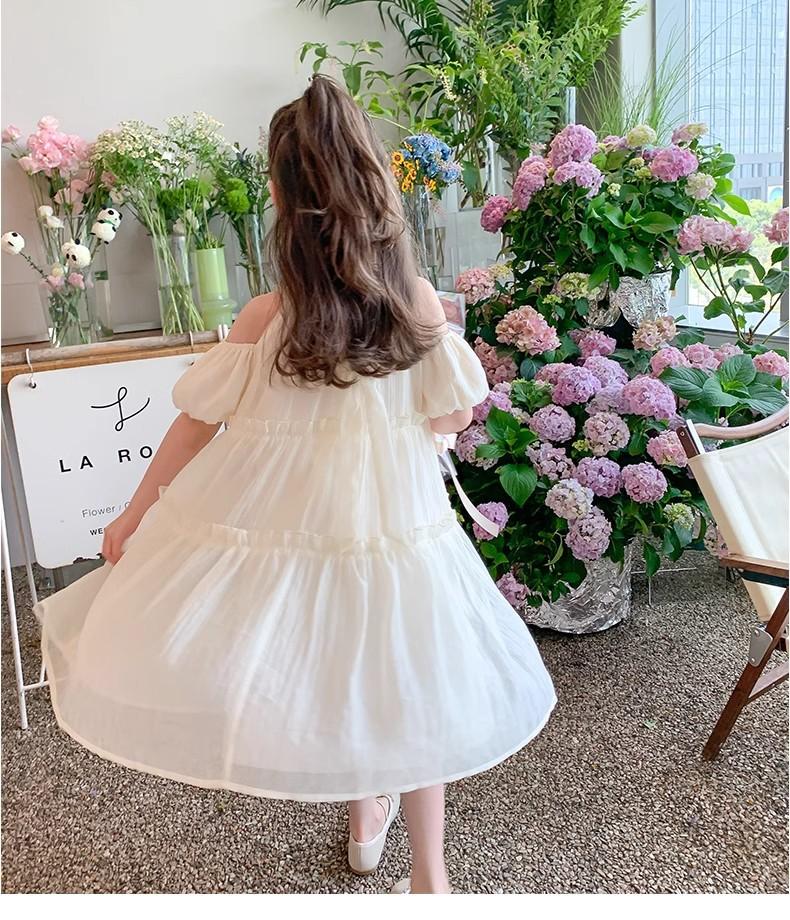 Girls Short Sleeve Chiffon A-Line Summer Dress Off-Shoulder Princess Tiered Skirt