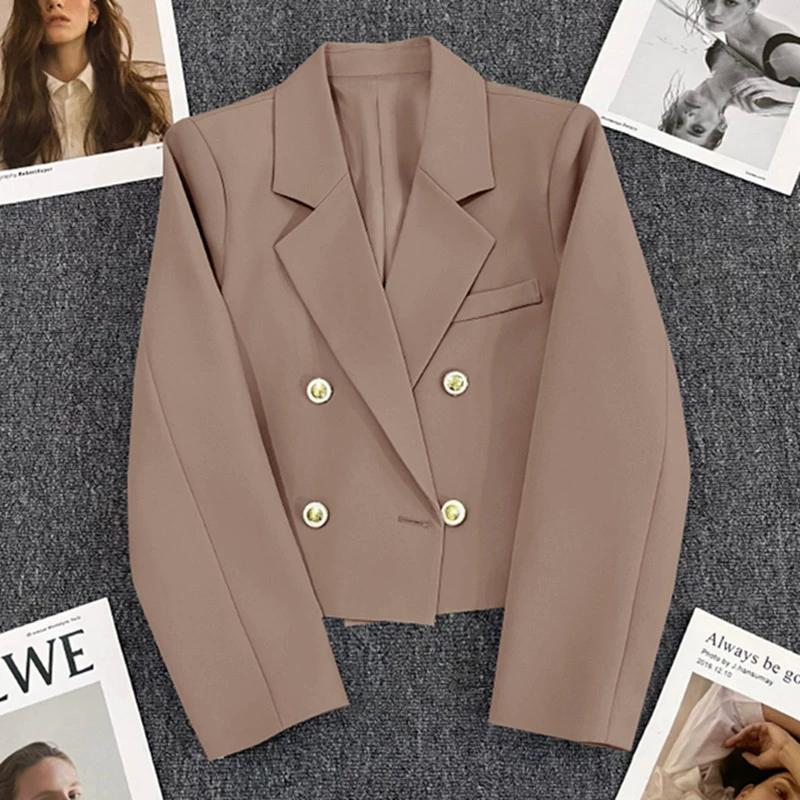 Spring Women Breasted Office Cropped Blazer Lapel Solid Color Long Sleeve Double Jacket Suit Coat