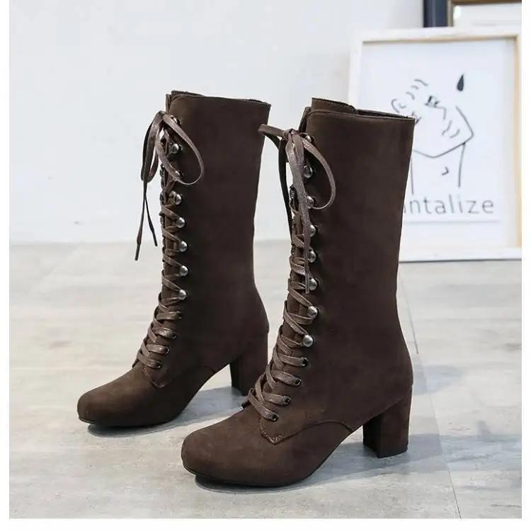 Footwear Cosplay Elegant Heeled Ladies Boots High Heels Shoes for Women Lace-up with Laces Mid Calf Blue Half Platform Chic Boot