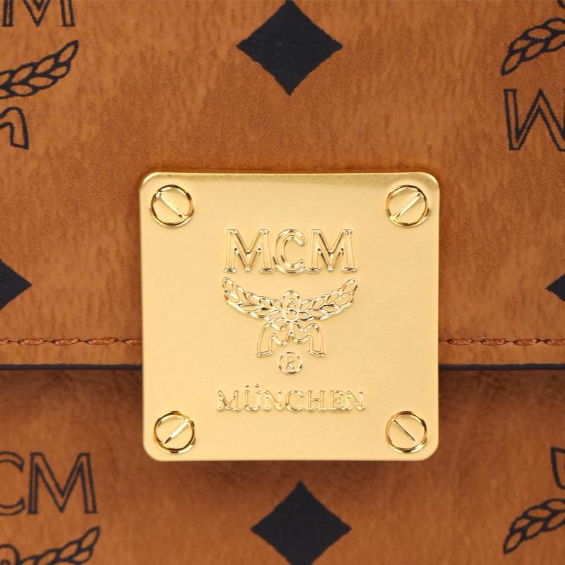 MCM Aren Visetos Klassisches Muster Messing Namensschild Kunstleder Geldbörse Umhängetasche Große Damen Taschen Brandy MYLFATA01CO001