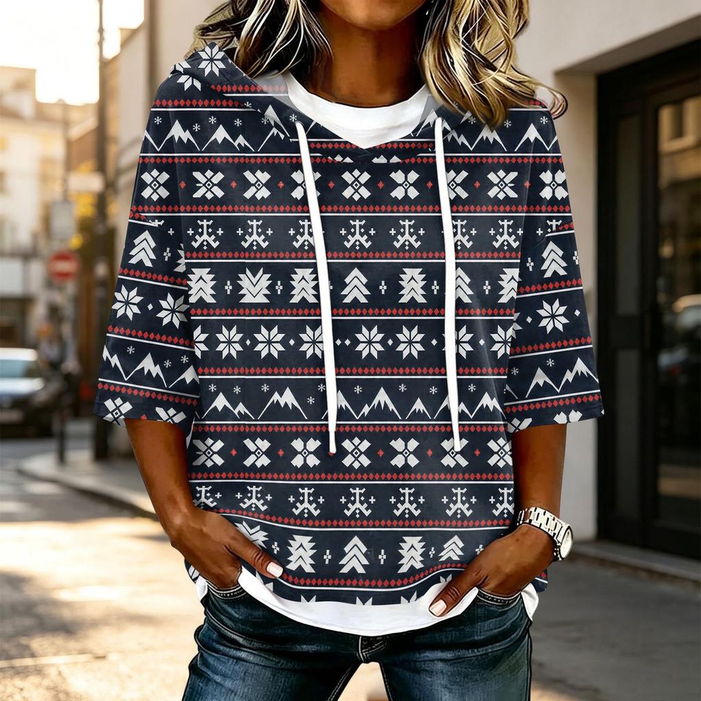 Women's Casual 3/4 Sleeve Hooded T-Shirt with Christmas Print