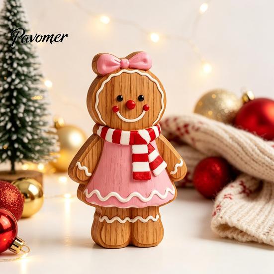 Seasonal Decorative Figures Christmas Gingerbread Man Ornament, Hand Painted Vintage Wooden Tabletop Cute Decor Figurine, Rustic Holiday for