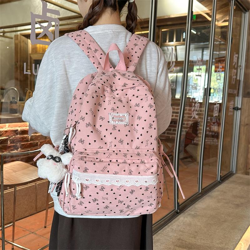 College Style Bow Print Schoolbag Women's Corduroy Backpack Large Capacity Student Backpack