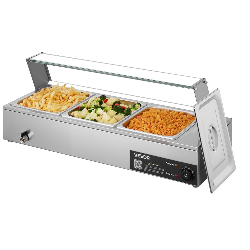 VEVOR Commercial Food Warmer, 1500W Electric Stainless Steel Steam Food Warmer with Glass Cover