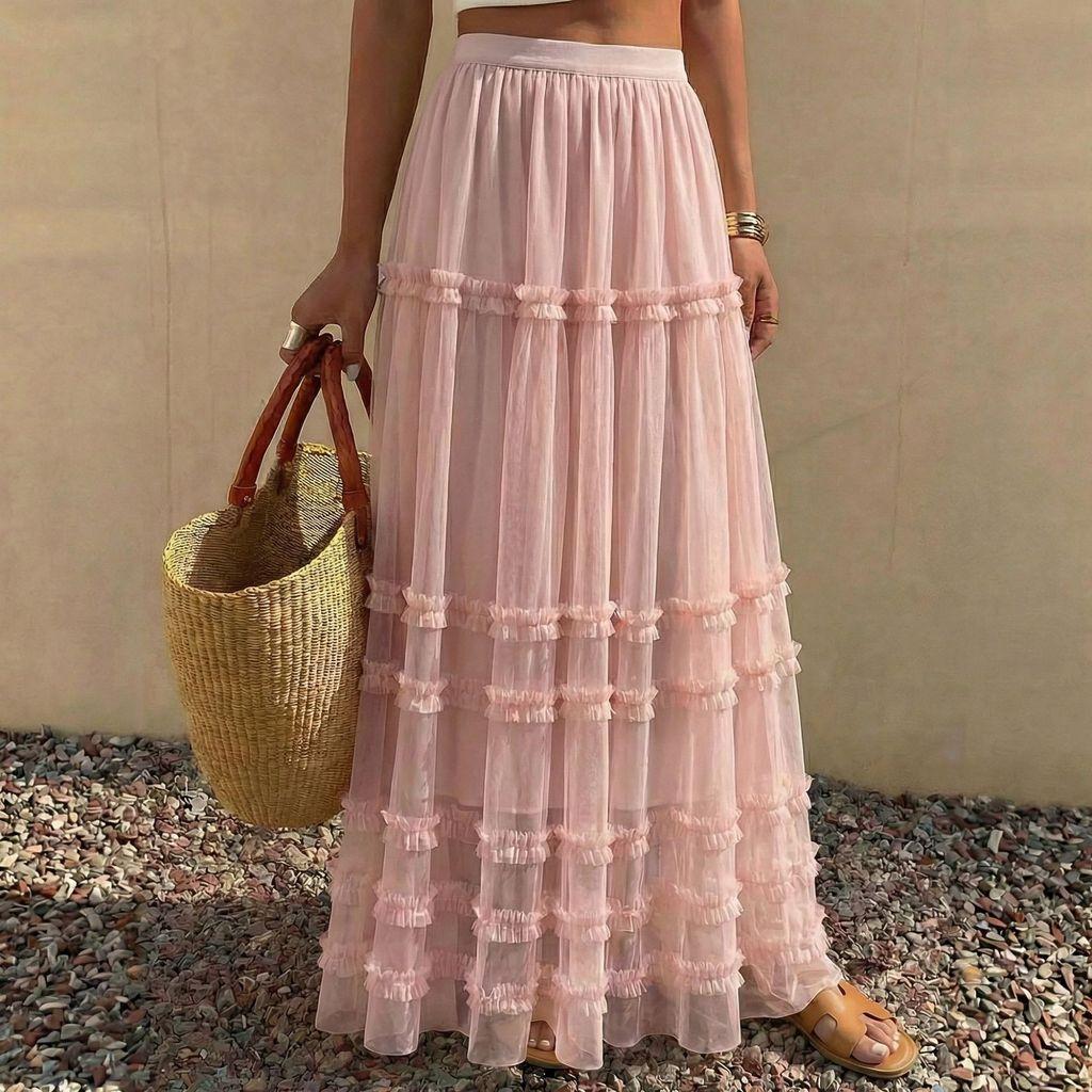 Qooth Lace Edge Fluffy  Layered Tulle Skirt Ankle-length with A Full Flared Silhouette QT2862