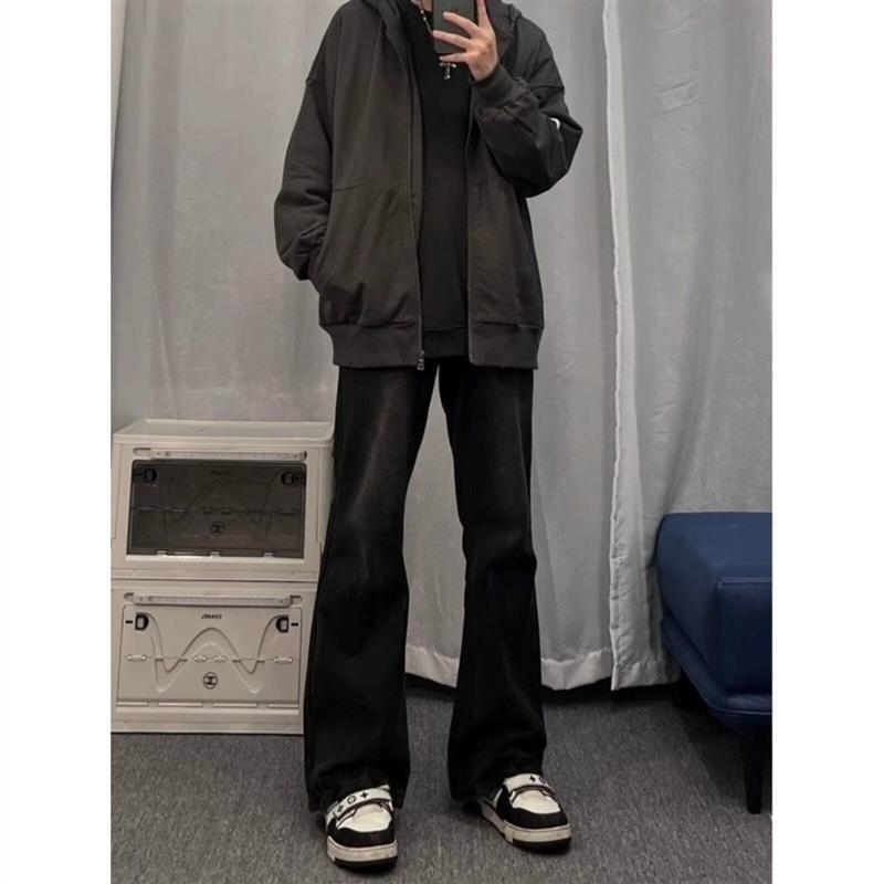 Mid-waist temperament, sports quality, semi-elastic waist, black micro-pull jeans, new trend ins simple