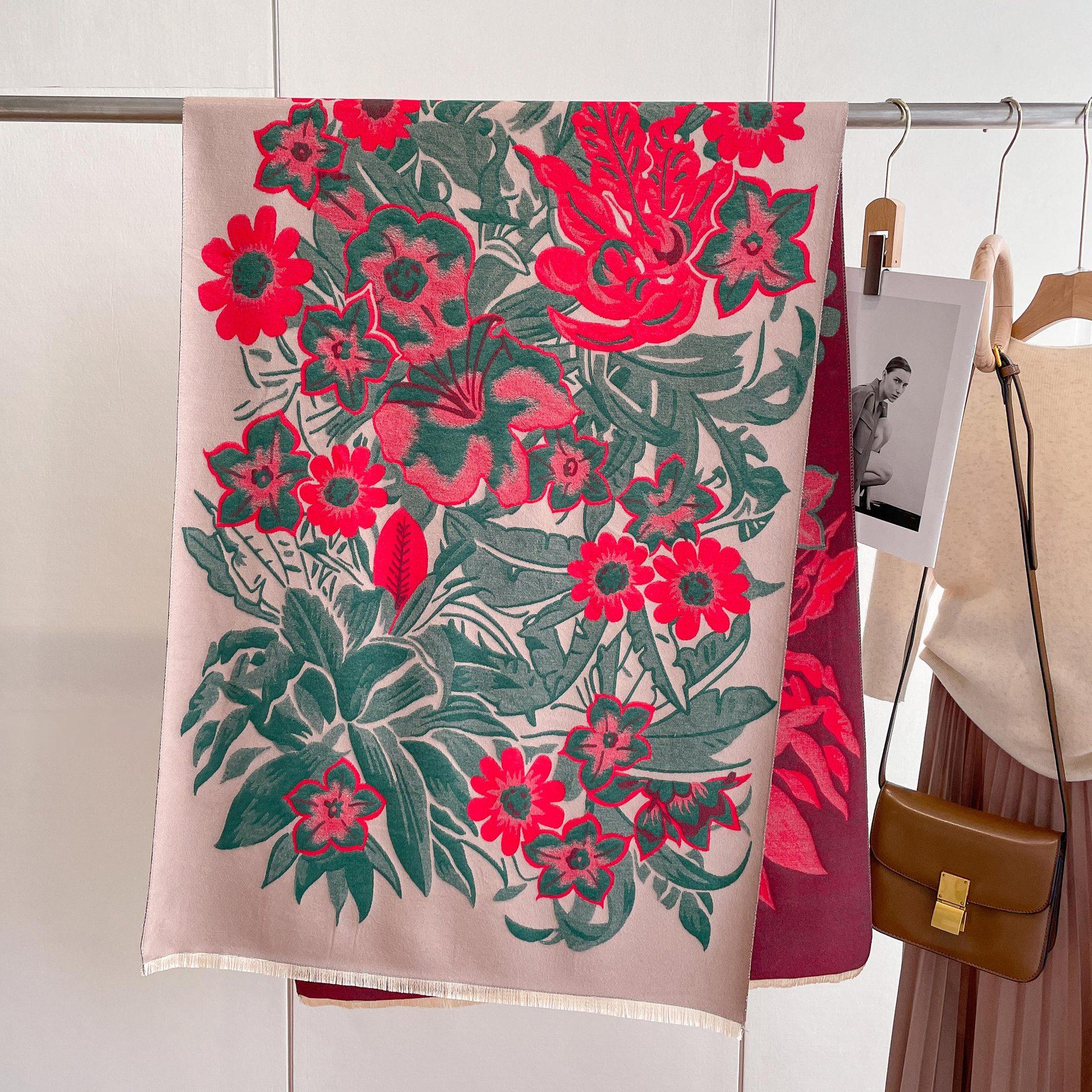 

Двусторонний шарф из искусственного кашемира с принтом, женский теплый утолщенный шарф с бахромой, цветущий цветок, насыщенный, длинный, модный, универсальная шаль 190*65cm красный