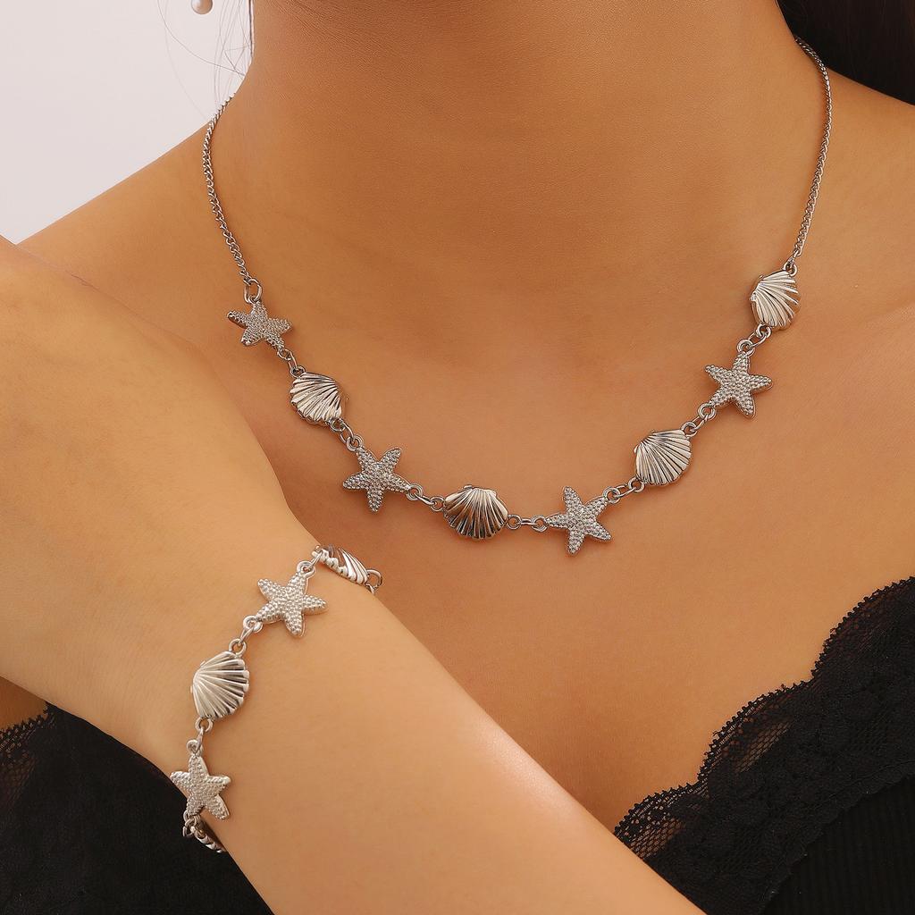 Gold Plated Starfish & Shell Jewelry Set, Ocean Themed Necklace, Earrings & Bracelet for Women