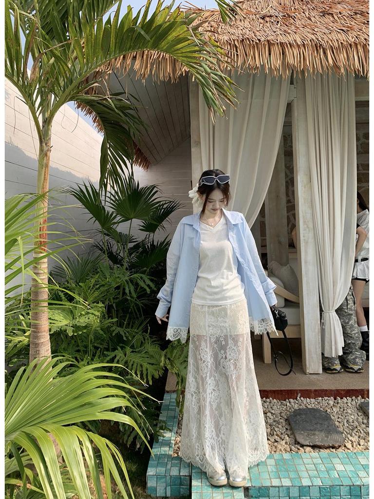 Women's Blue Spliced Lace Shirt Jacket - 2025 Korean Design, Loose Fit, Sun Protection for Summer