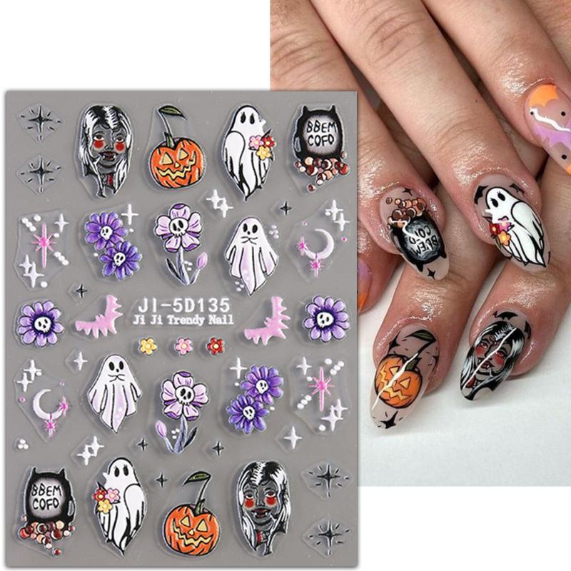 1 Feuille Autocollante Décalcomanies pour Ongles Autocollants Halloween 5D texturés pour Ongles avec Motifs Fantôme Citrouille Sorcière Curseur Manucure