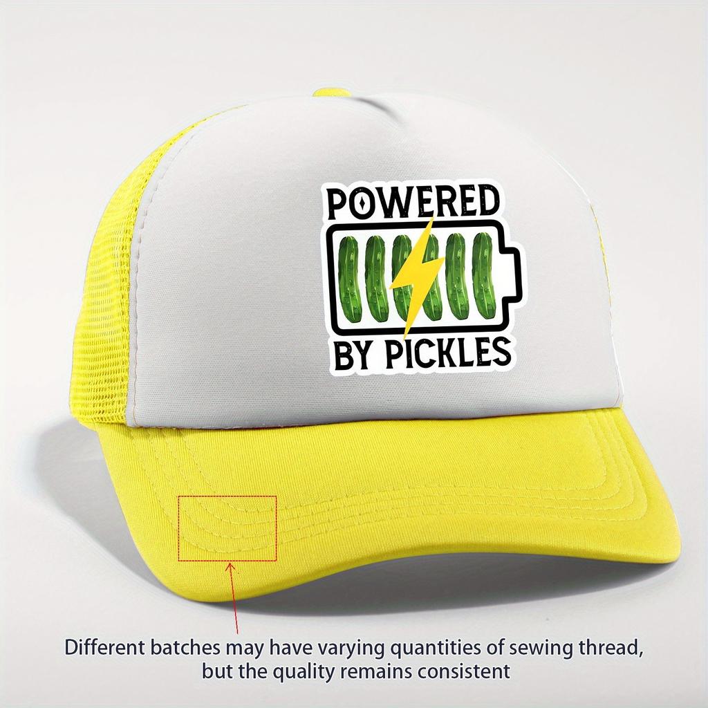 Powered By Pickles Battery Graphic Trucker Hat Breathable Mesh Adjustable Casual Cap
