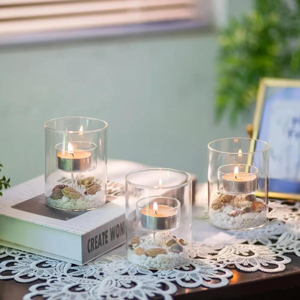 Transparent Glass Candlestick Cylinder Tea Light Candle Holders for Table Centerpieces Wedding Party Dining Room Decorations