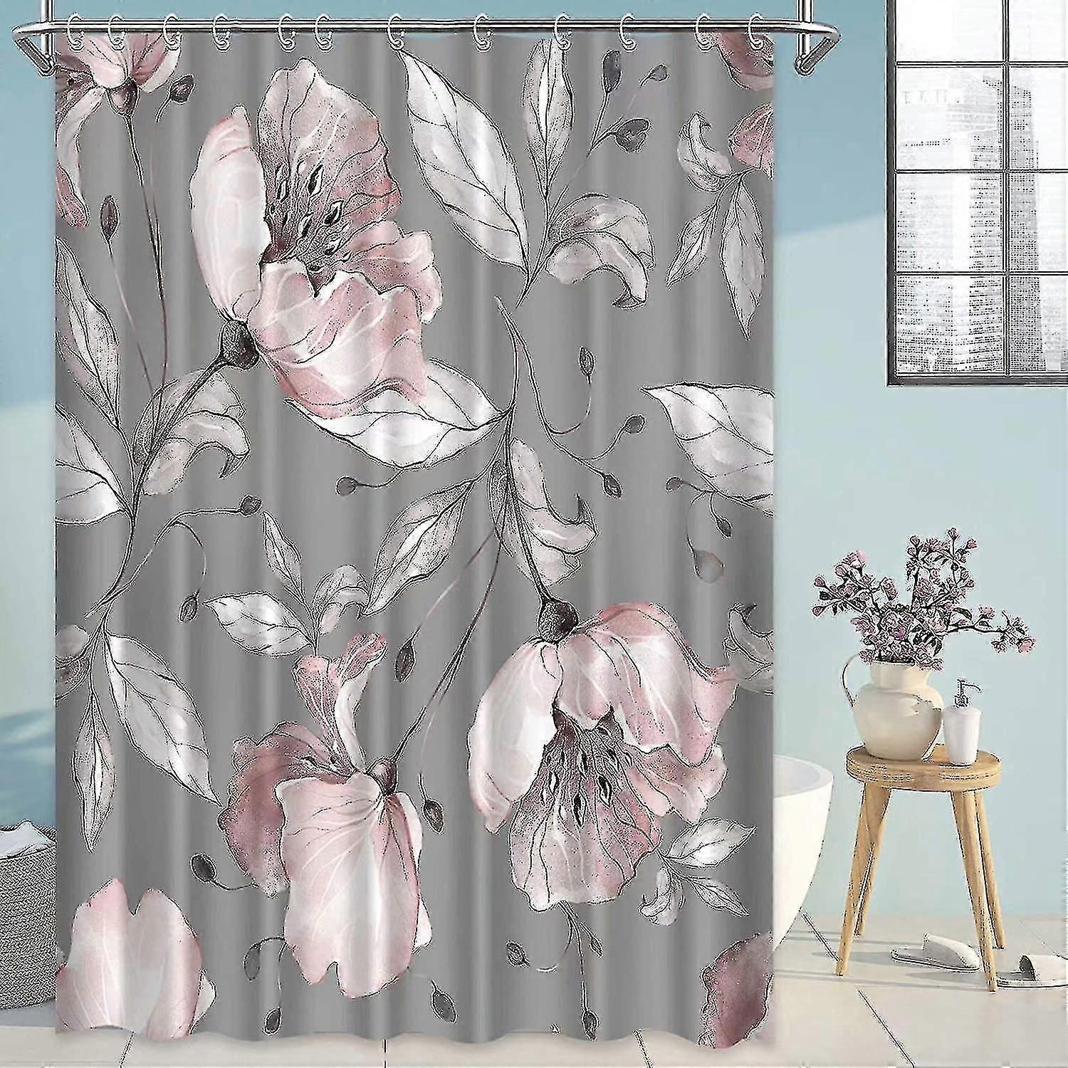 

Elegant Pink & Gray Floral Print Waterproof Shower Curtain - Stylish, Durable & Easy-Care For Romantic Bathroom Décor W90XH180cm