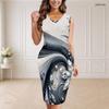 Women Plus Size V Neck Sleeveless Black Printed Bodycon Midi Dress