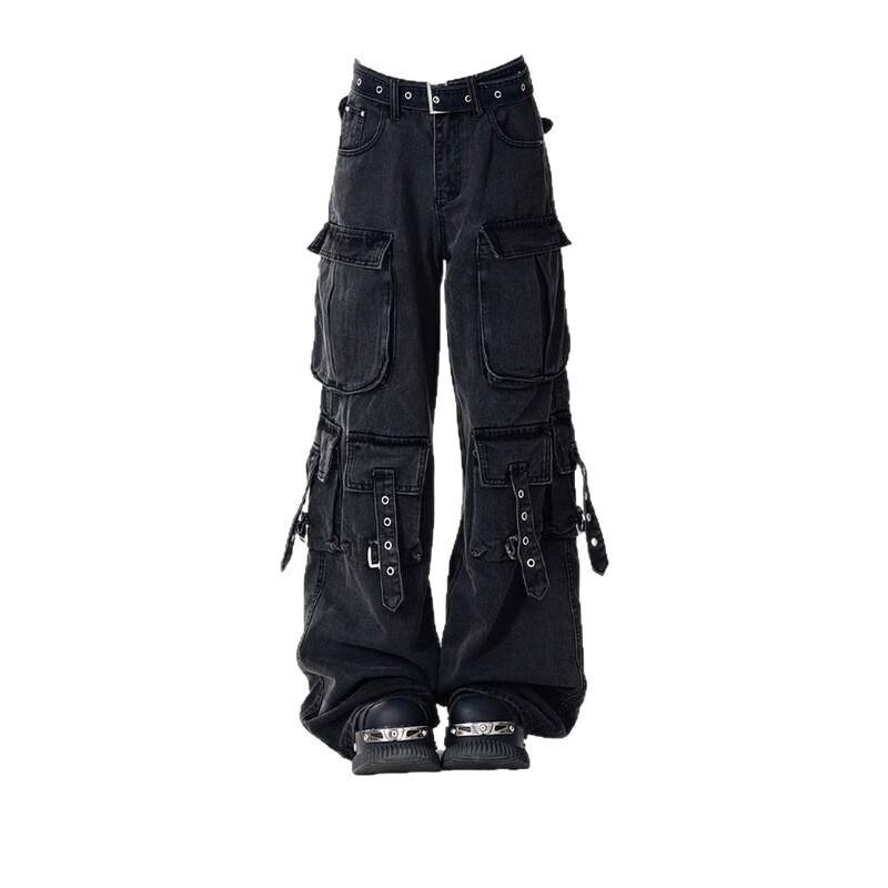 Womens Black Wide Leg Cargo Jeans Loose Fit High Street Industrial Style Denim Pants With Multiple Pockets XS