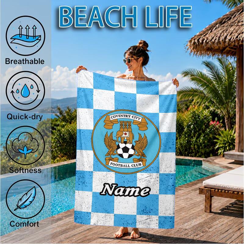Custom Name Beach Towel Coventry Football Club Crest Microfiber Beach Towel, Lightweight for Summer Travel, Swimming Pool Fan Birthday Gift