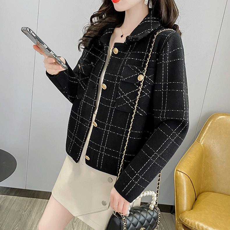 Woolen Cardigan Coat Women Spring and Autumn 2023 Versatile Foreigner Plaid Short Long Sleeve Casual Jacket Cardigan Female Top