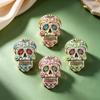 Colorful Flowers Sugar Skull Brooch With Vibrant Enamel Sparkly Rhinestone Accents For Day Of The Dead And Halloween Parties