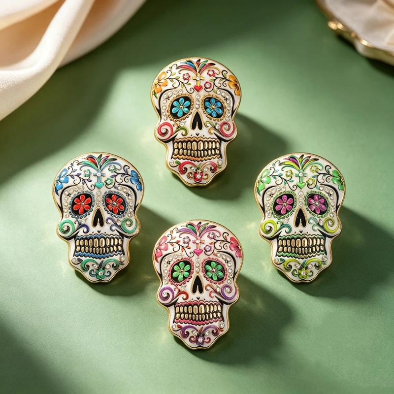 Colorful Flowers Sugar Skull Brooch With Vibrant Enamel Sparkly Rhinestone Accents For Day Of The Dead And Halloween Parties