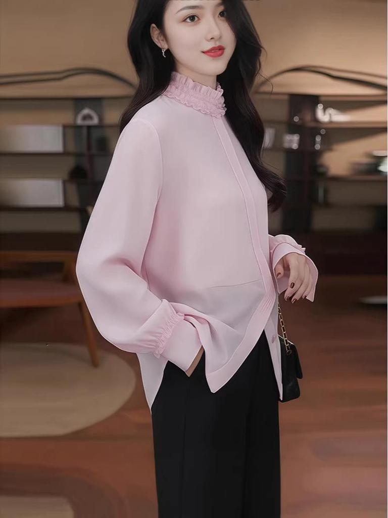 2026 Spring/Summer Ruffled Lace Stand Collar Pink Long Sleeve Shirt