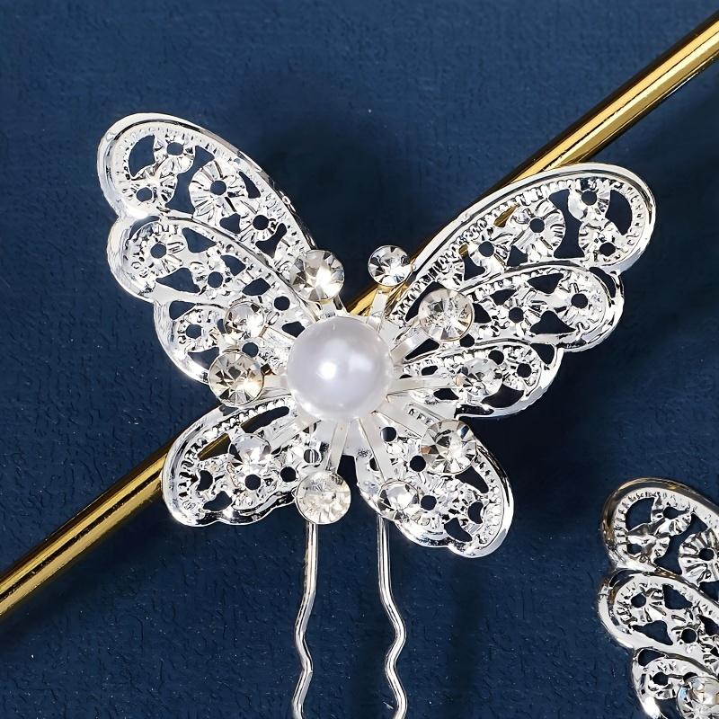Vintage-Style Metal Hollow Butterfly Hairpins, Silvery Hair Clips with Butterfly Faux Pearls and Rhinestones for Brides