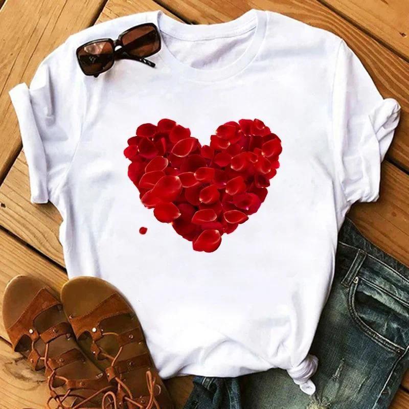 T-shirt Women Neck T-shirt Women T Shirt Love Flower Half Sleeve Cartoon White Letter Aesthetic Clothes