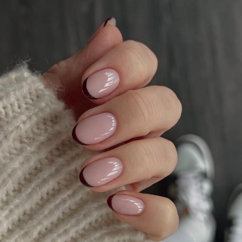 Simple French Red Manicure Short Round Press-On Nails