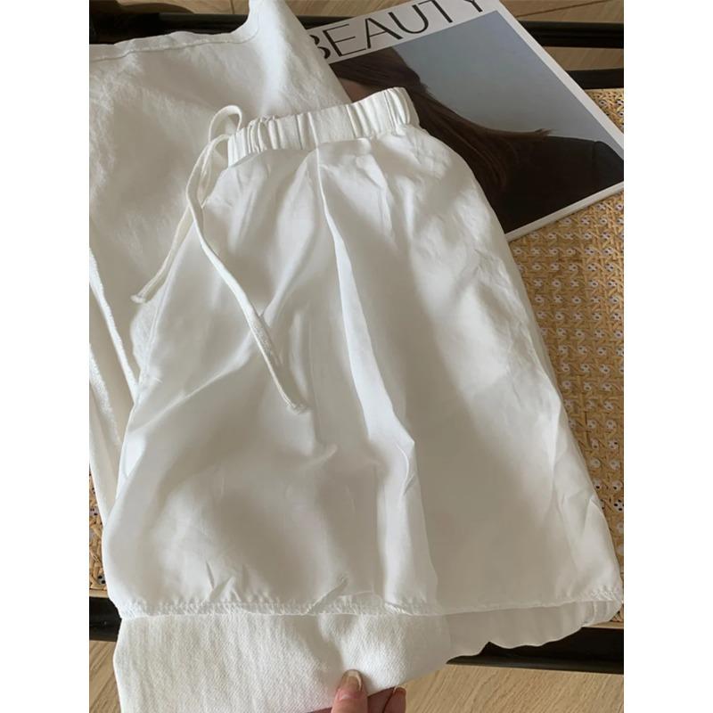 White Cotton and Linen Wide-leg Pants Women's Summer Thin Elastic Waist Versatile Casual Loose Straight Trousers Baggy Pants