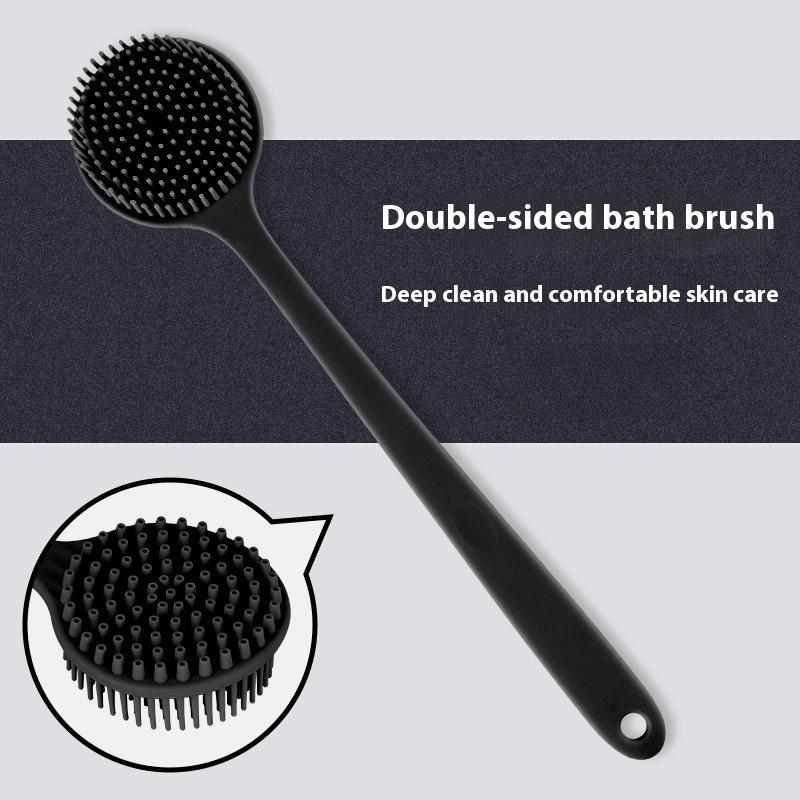 Black Double Headed Soft Silicone Shower Brush with Long Handle Body Back Exfoliating Soft Hair Massage Shower Cleaning Brush Silica Gel