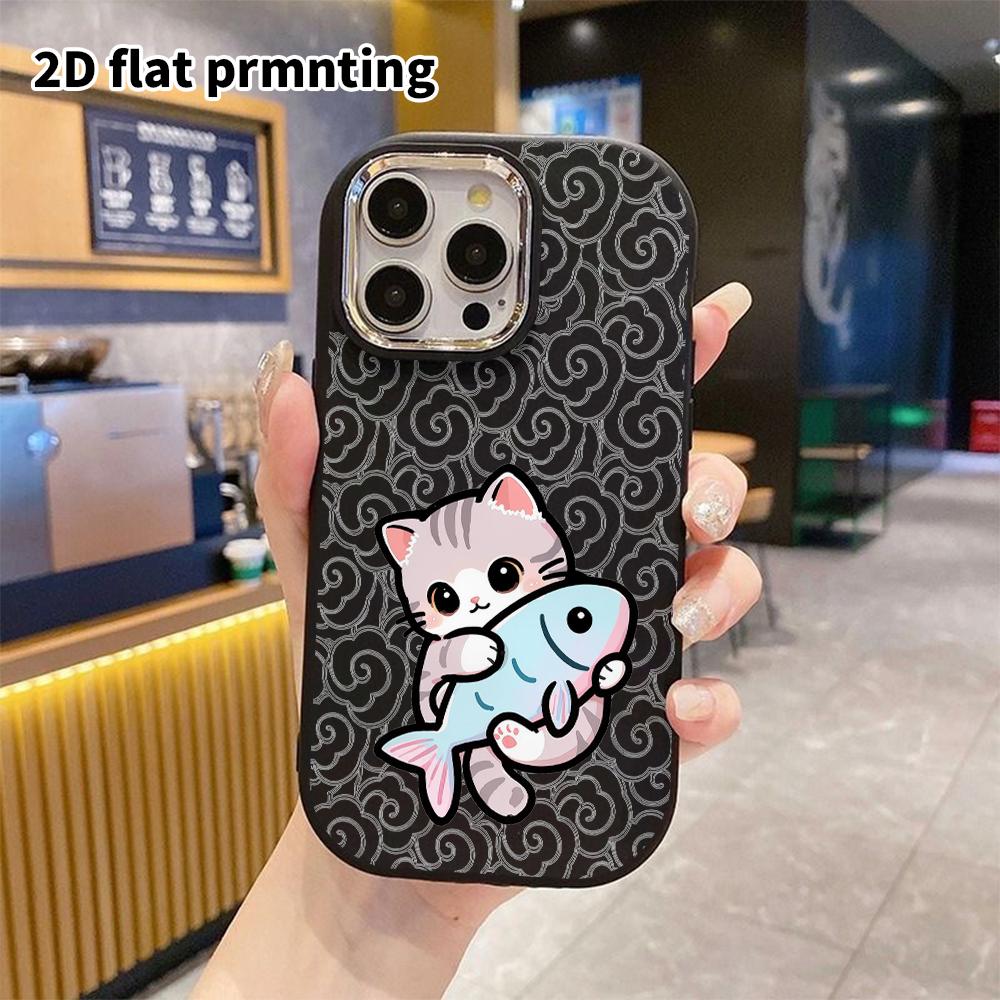 Phone Case: 2D Flat Design Suitable for iPhone 18 17 16 15 14 13 Pro Protective Case, Couple Style, Gray Cat Hugging Colorful Fish, Christmas and Hall