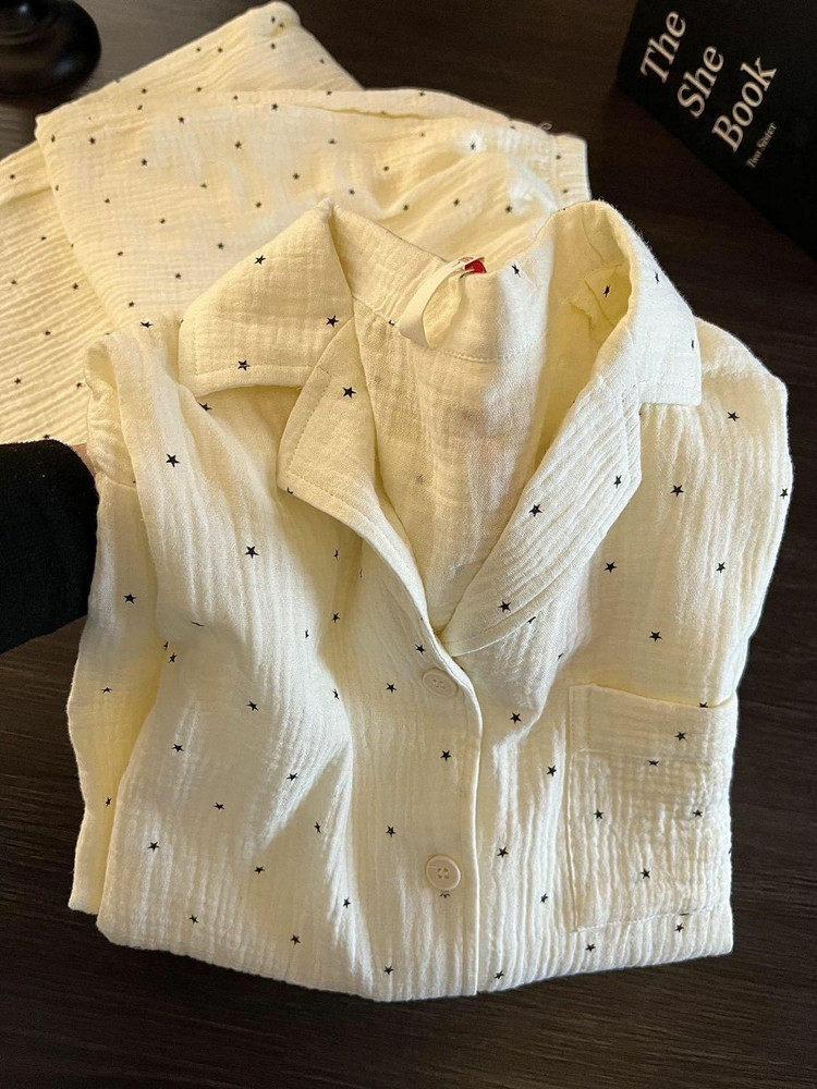 Spring and Autumn Polka Dot Cardigan Long-sleeved Trousers Pajamas Women's Lapels Can Be Worn Outside Two-piece Student Dormitory Loungewear
