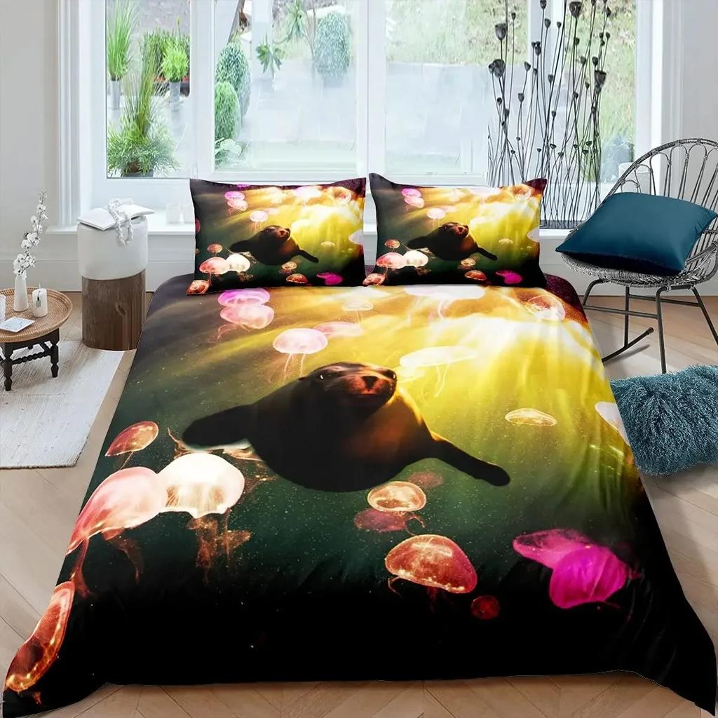 Seal Duvet Cover King Size Lovely Swimming Seal Bedding Set Cute Ocean Exotic Style 2/3Pcs Marine Life Polyester Comforter Cover