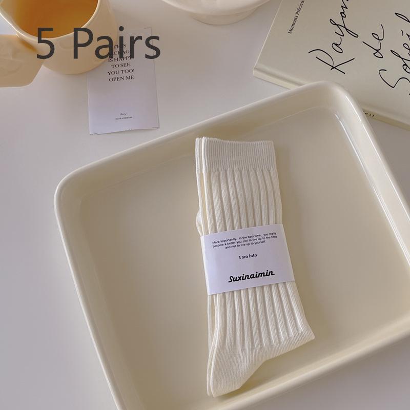

5 пар женских весенне-осенних трендовых носков средней длины с вертикальными полосками и впитыванием пота 100 Match 5 Pairs молочный белый