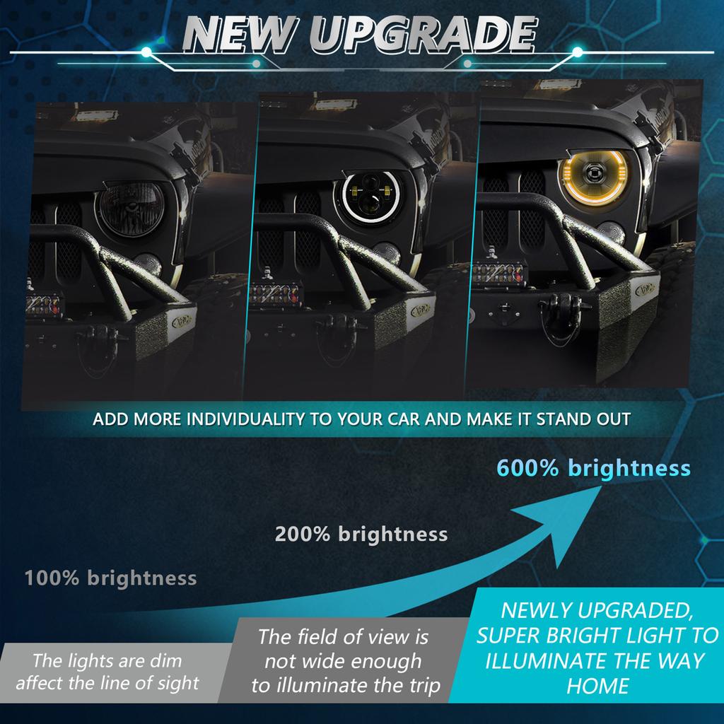 2 PCS LED Headlights, 7 Inch Waterproof Round Headlamps with High Low Beam DRL Turn Signal