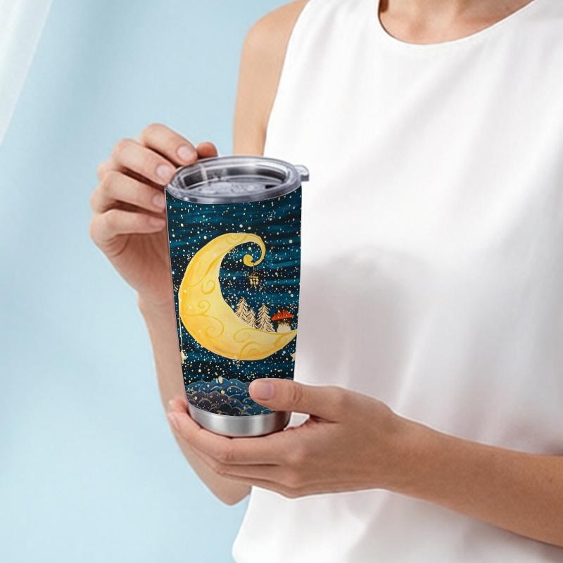 Car Tumbler 591ml Moon Winter Cabin Element Straw Cup 20oz Car Straw Cup Tumbler With Lid Metal Drink Mug Gift Cup