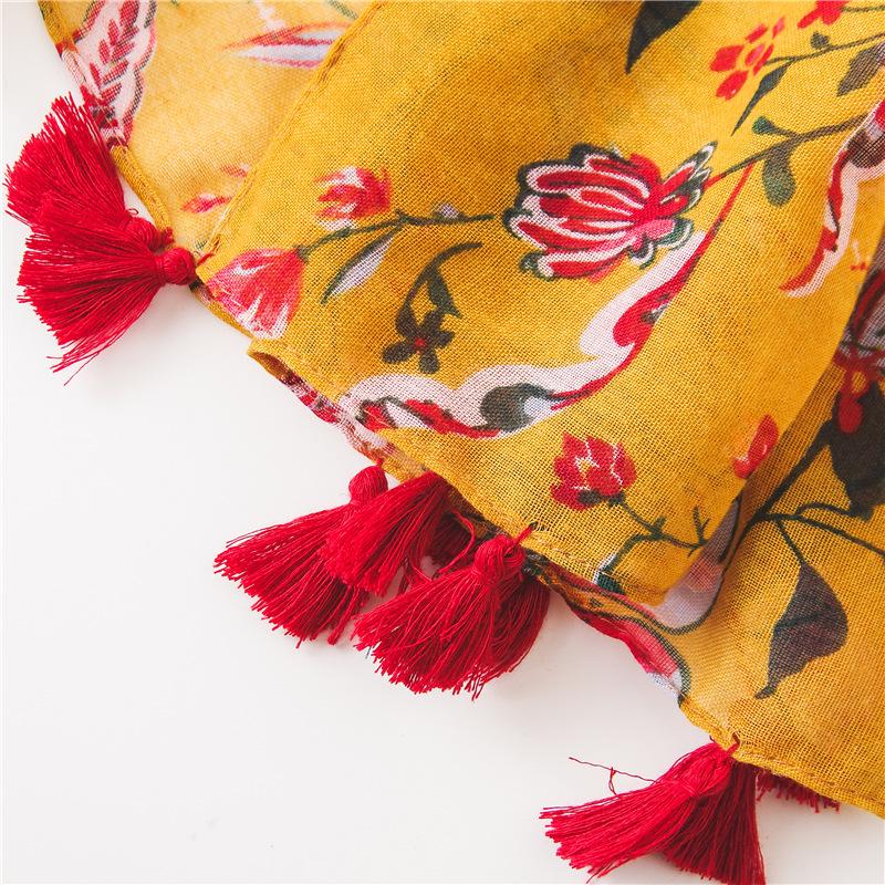 Eșarfă Etnică Stil Floral Bumbac In Galben Ghimbir pentru Primăvară/Vară - Șal de Plajă pentru Protecție Solară pentru Femei