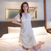 Women's Long Ice Silk Nightgown with Lace Trim and Chest Pads