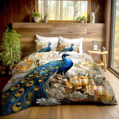 Elegante Serie de Tres Piezas Textiles para el Hogar Pavo Real Edredón Funda de Almohada Ropa de Cama con Estampado Digital