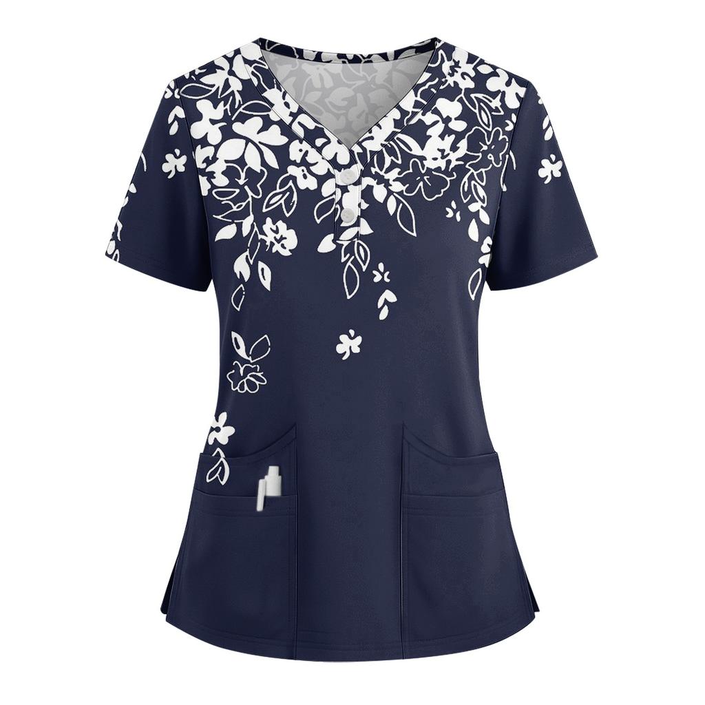 Dames Løs Kortarmet Mote Blomster- og Plante trykk V-hals Kneppbar Sideslisse Topp T-skjorte