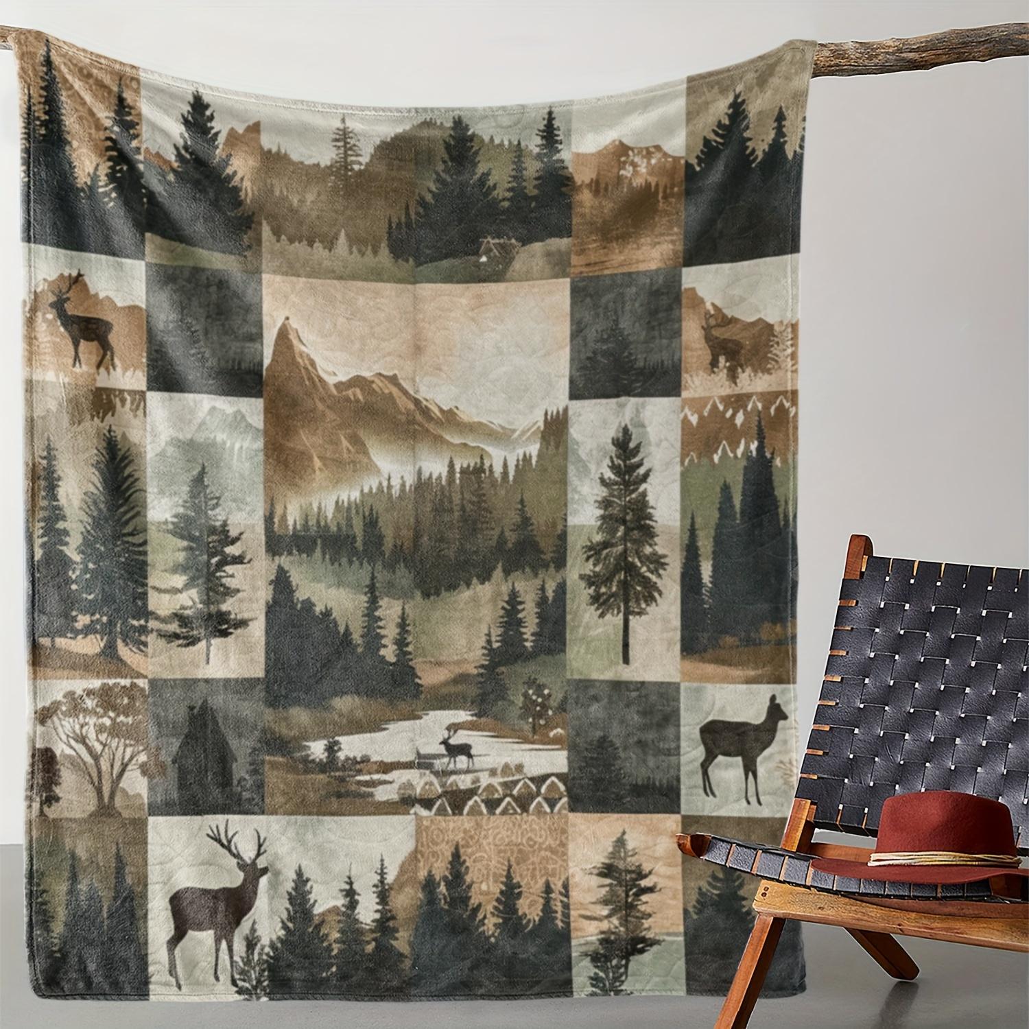 

Cozy Vintage Forest & Mountain Plaid Throw Blanket with Deer and Cabin Scene - Soft Flannel, All-Season Comfort for Sofa, Bed, C 70x100cm
