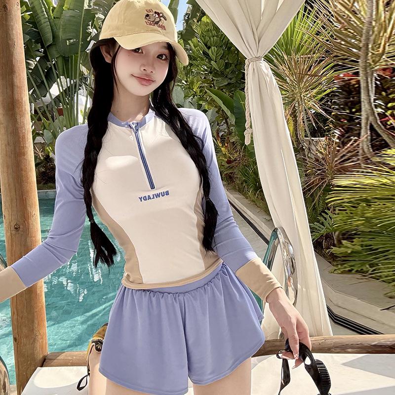 Women's Long Sleeve Two-Piece Surfing Swimsuit: Conservative, Slimming, Quick-Dry, Sun Protection for Snorkeling, Rafting, Diving.